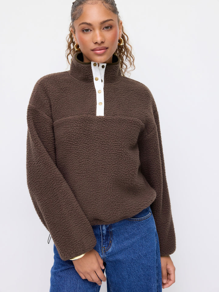 Sherpa Polar Dik Yakalı Çıtçıtlı Oversize Sweatshirt - Kahve detay 7