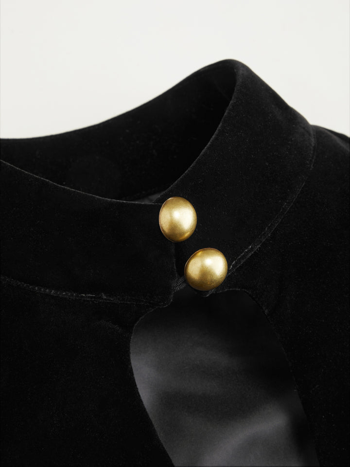 Kadife Dik Yaka Pencere Detaylı Peplum Ceket - Siyah - Siyah detay 8