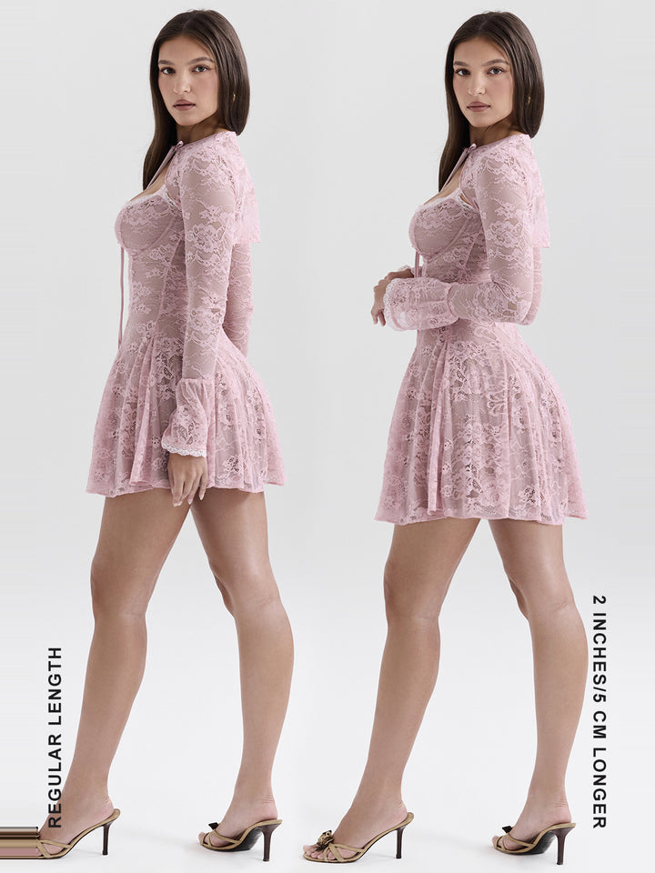Alice Çiçekli Dantel Şal Detaylı Mini Elbise - Pembe - Pembe detay 9