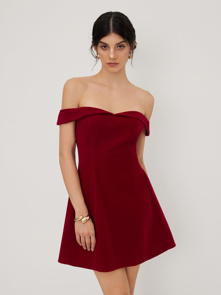 Kadife Omuz Dekolteli Kloş Mini Elbise - Bordo - Bordo detay 8
