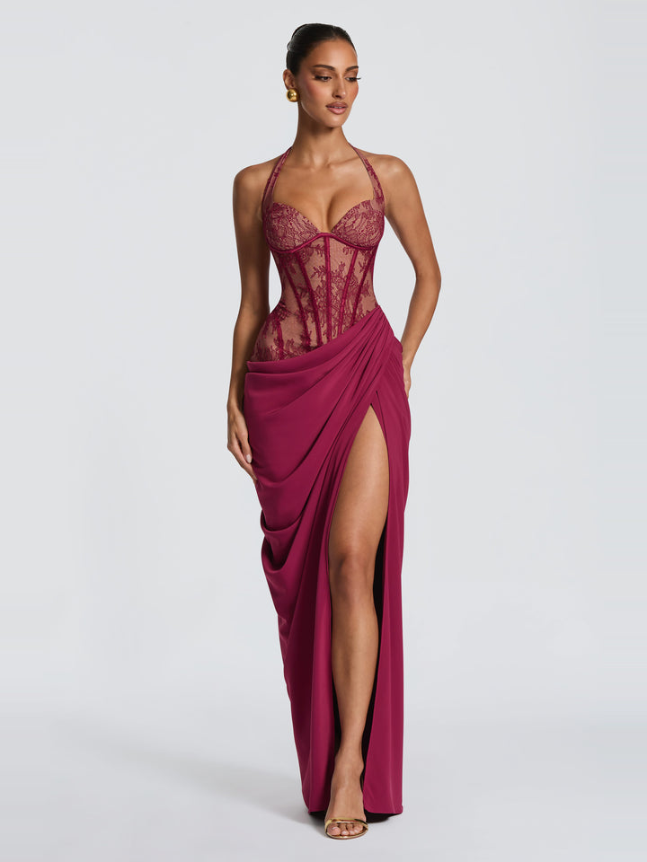 Bonita Halter Yaka Çiçekli Dantel Korse Yırtmaçlı Maksi Elbise - Dut - Dut detay 9