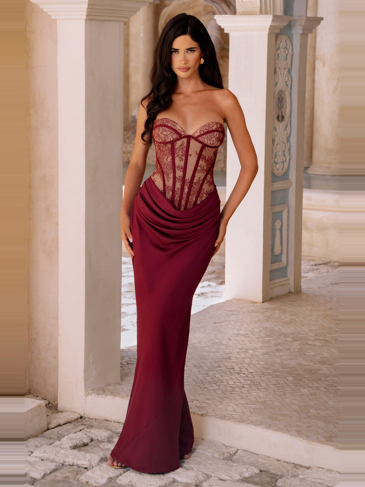 Kathleen Straplez Dantel Korse Maksi Elbise - Bordo - Bordo detay 9