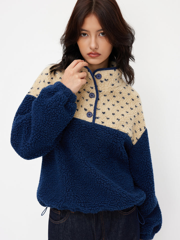 Peluş Polar Dik Yaka Desenli Oversize Sweatshirt - Mavi detay 9