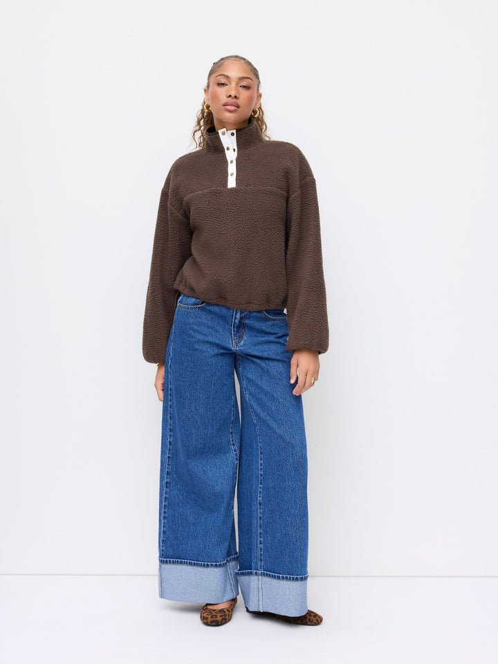 Sherpa Polar Dik Yakalı Çıtçıtlı Oversize Sweatshirt - Kahve detay 8
