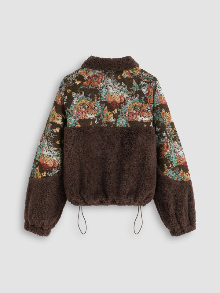 Goblen Kedi Desenli Yarım Fermuarlı Polar Sweatshirt - Kahve detay 9