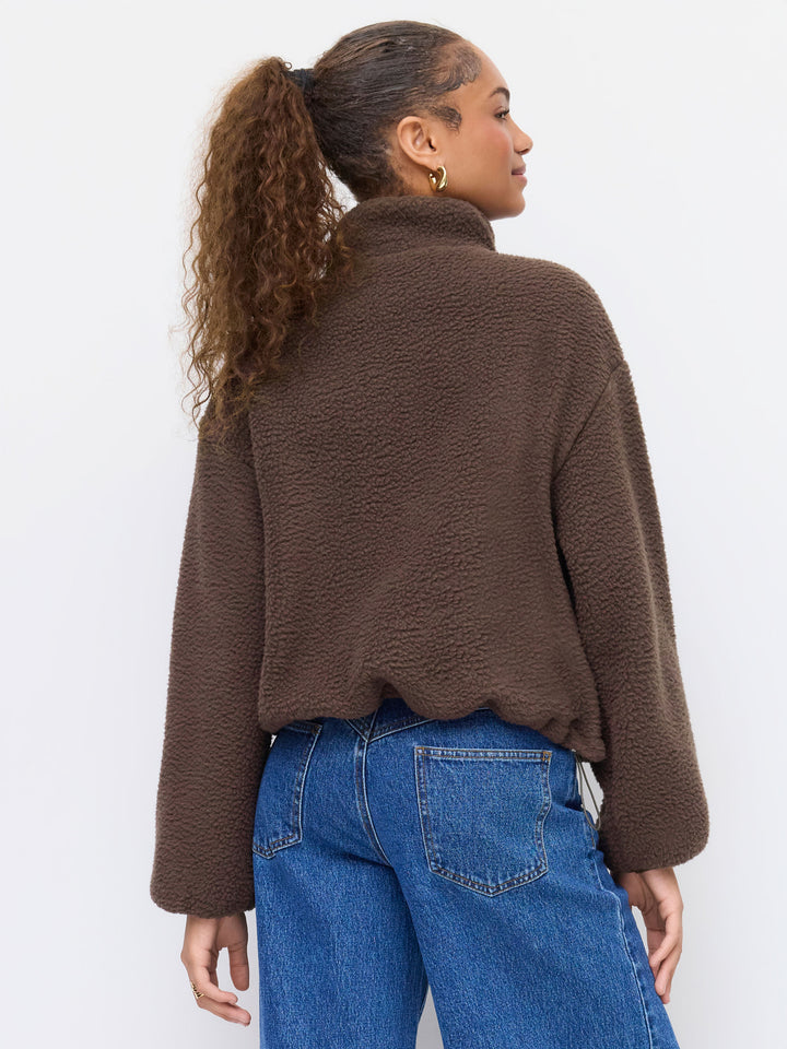 Sherpa Polar Dik Yakalı Çıtçıtlı Oversize Sweatshirt - Kahve detay 9