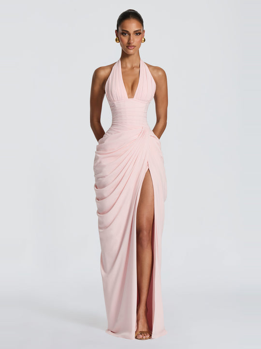 Ombeline Halter Korse Yırtmaçlı Maksi Elbise - Pembe