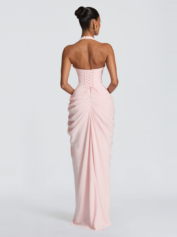 Ombeline Halter Korse Yırtmaçlı Maksi Elbise - Pembe - detay 1