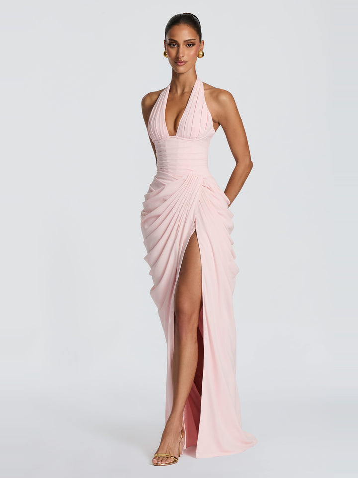Ombeline Halter Korse Yırtmaçlı Maksi Elbise - Pembe - detay 2