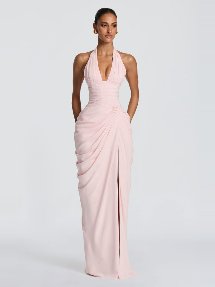 Ombeline Halter Korse Yırtmaçlı Maksi Elbise - Pembe - detay 5
