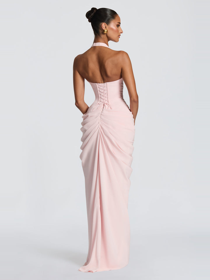 Ombeline Halter Korse Yırtmaçlı Maksi Elbise - Pembe - detay 6