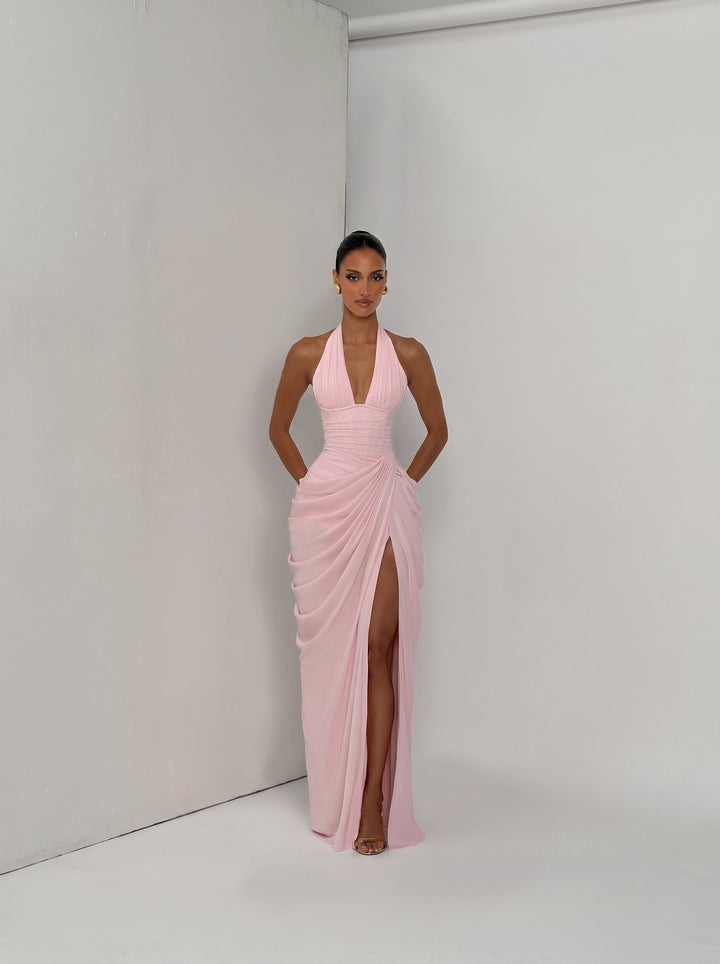 Ombeline Halter Korse Yırtmaçlı Maksi Elbise - Pembe - detay 7