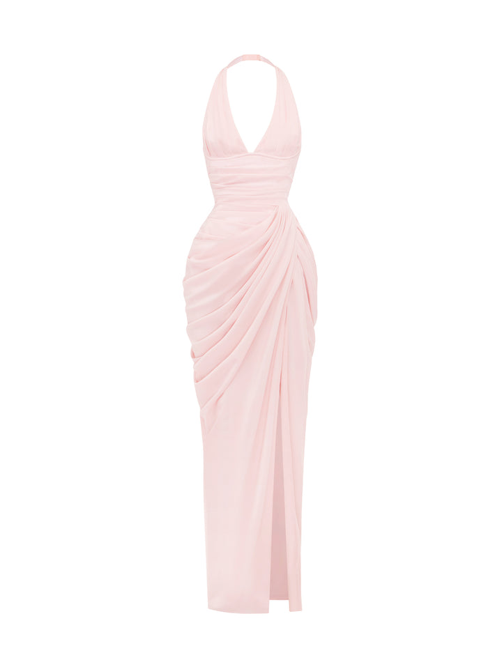 Ombeline Halter Korse Yırtmaçlı Maksi Elbise - Pembe - detay 8