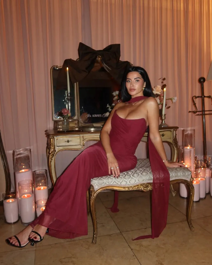 Aniyah Askısız Bodycon Maxi Elbise Bordo Tek Omuz Görsel 6 - SvelteChic