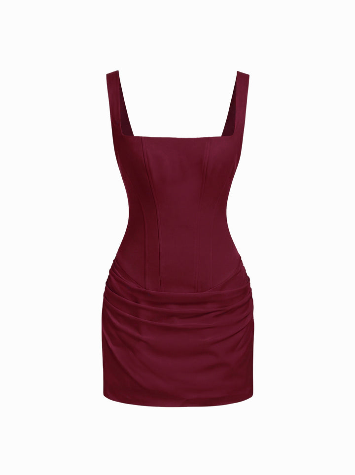 Kare Yaka Korse Dikişli Drapeli Bodycon Mini Elbise - Bordo