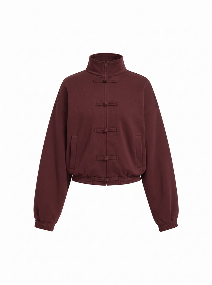 Boğum Düğmeli Dik Yaka Oversize Sweat Ceket - Bordo