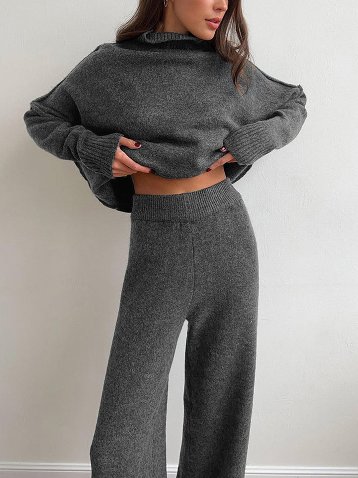 Boğazlı Oversize Triko Üst ve Pantolon Takımı - Gri