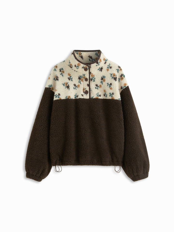 Peluş Polar Dik Yaka Desenli Oversize Sweatshirt - Çikolata