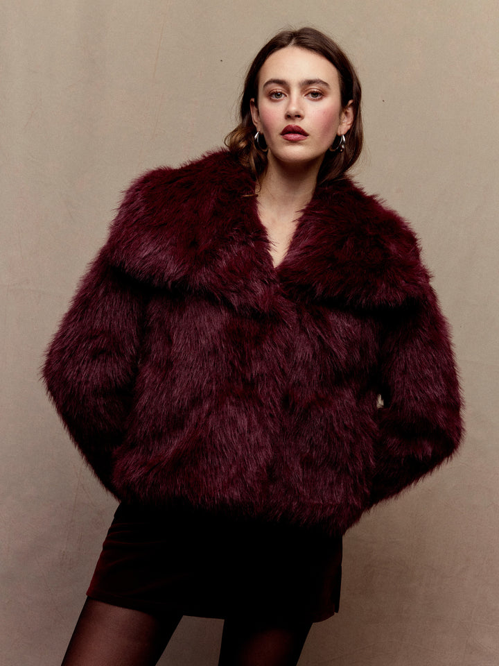 Geniş Devrik Yakalı Suni Kürk Oversize Ceket - Bordo