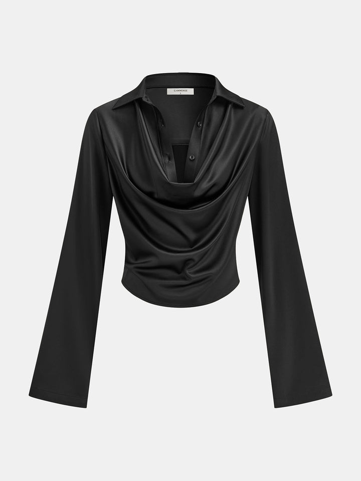 Drape Yakalı Gömlek Formlu Saten Bluz - Siyah