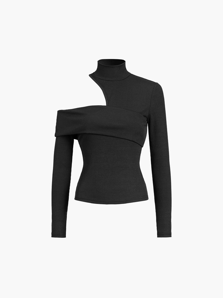 Dik Yakalı Asimetrik Cut Out Fitilli Triko Üst - Siyah