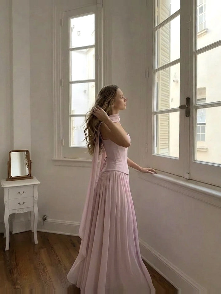 Şifon Korse Bağcıklı Şallı Maksi Elbise - Pembe