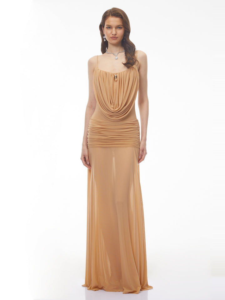 Mariana Büzgülü Drape Cowl Yaka Maksi Elbise - Naturel