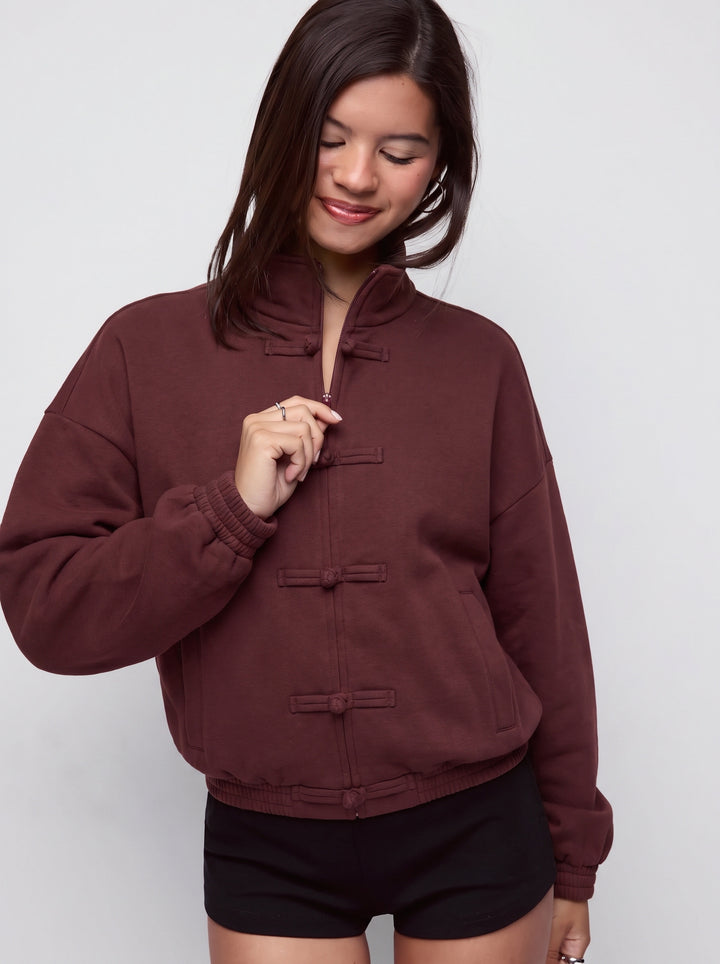 Boğum Düğmeli Dik Yaka Oversize Sweat Ceket - Bordo detay 1