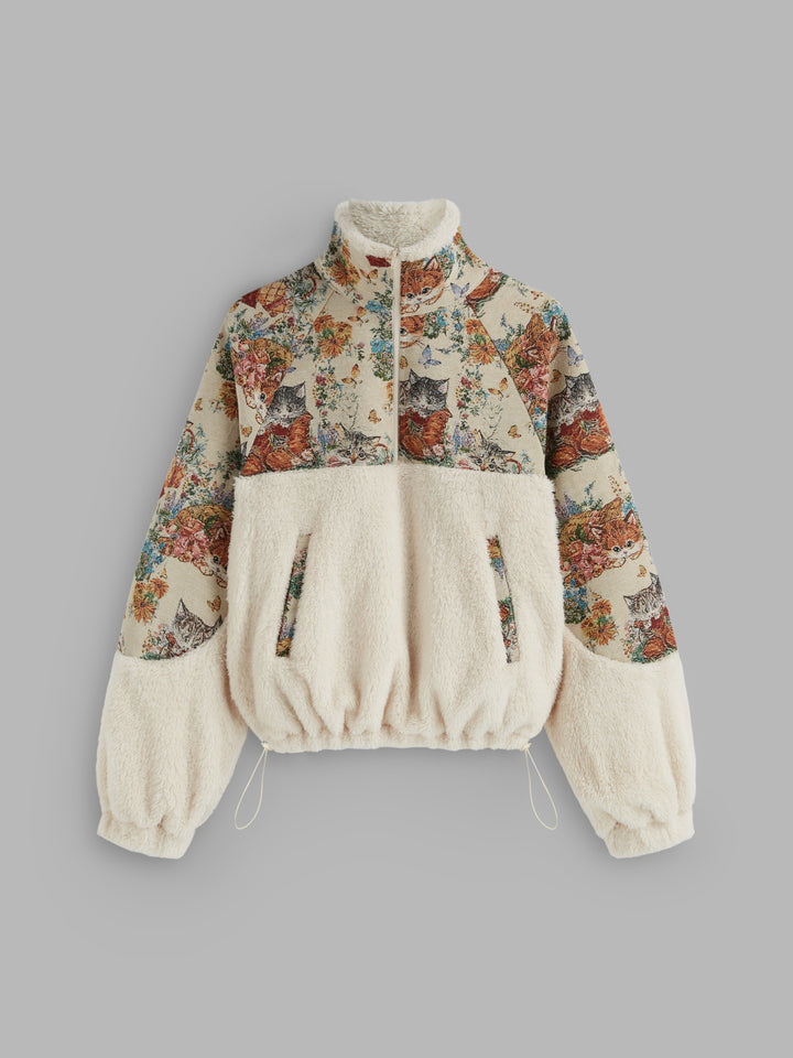 Goblen Kedi Desenli Yarım Fermuarlı Polar Sweatshirt - Bej