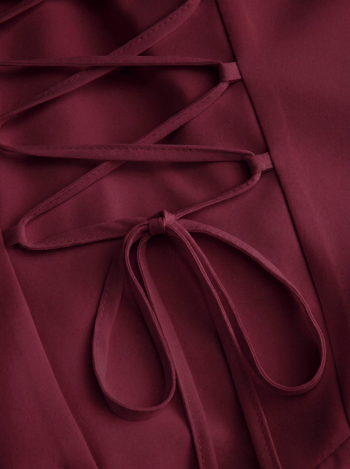 Kare Yaka Korse Dikişli Drapeli Bodycon Mini Elbise - Bordo detay 1