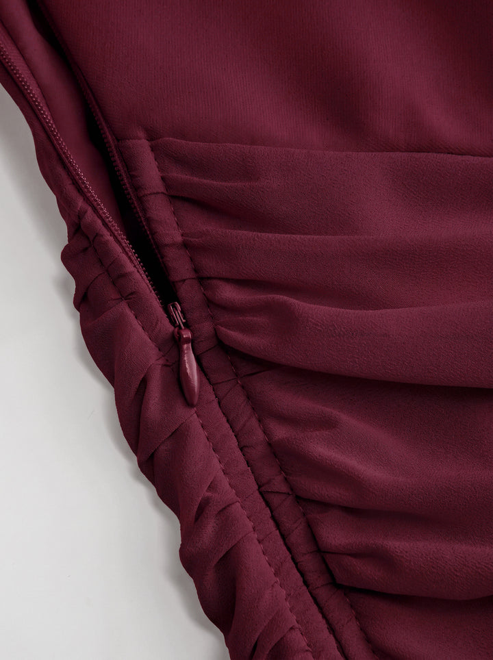 Kare Yaka Korse Dikişli Drapeli Bodycon Mini Elbise - Bordo detay 2