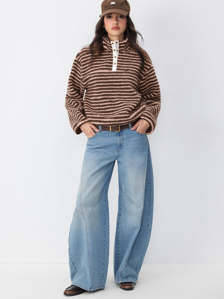 Sherpa Polar Dik Yakalı Çıtçıtlı Oversize Sweatshirt - Pudra Çizgili Kahve detay 1