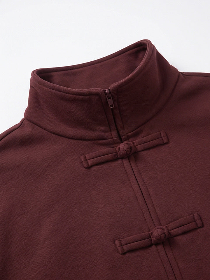 Boğum Düğmeli Dik Yaka Oversize Sweat Ceket - Bordo detay 3