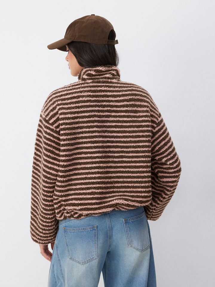 Sherpa Polar Dik Yakalı Çıtçıtlı Oversize Sweatshirt - Pudra Çizgili Kahve detay 2