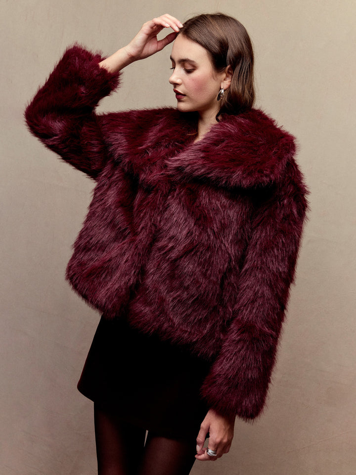 Geniş Devrik Yakalı Suni Kürk Oversize Ceket - Bordo detay 3