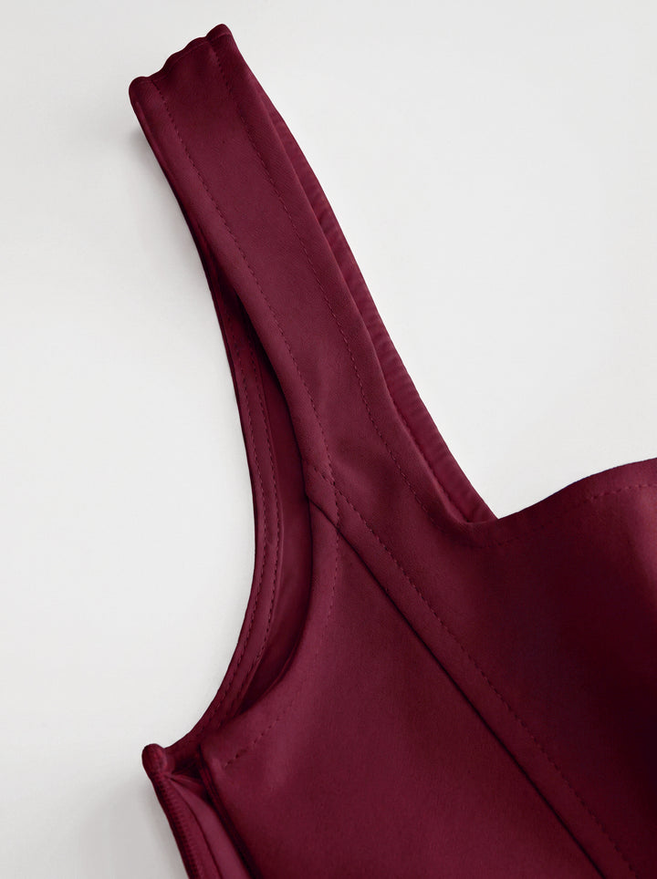 Kare Yaka Korse Dikişli Drapeli Bodycon Mini Elbise - Bordo detay 3