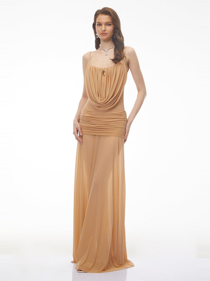 Mariana Büzgülü Drape Cowl Yaka Maksi Elbise - Naturel detay 3