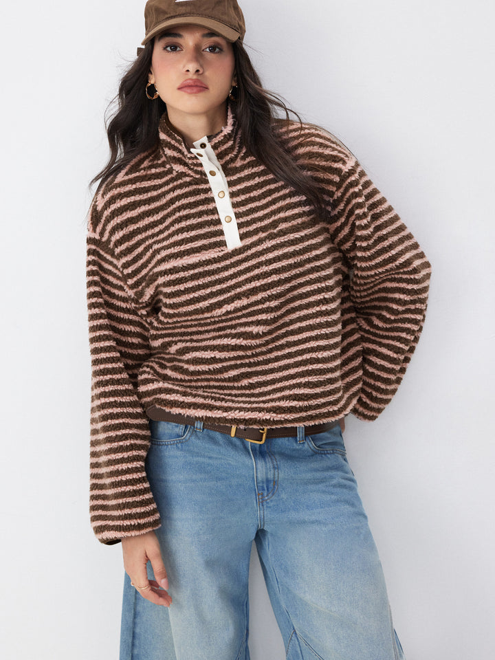 Sherpa Polar Dik Yakalı Çıtçıtlı Oversize Sweatshirt - Pudra Çizgili Kahve detay 3