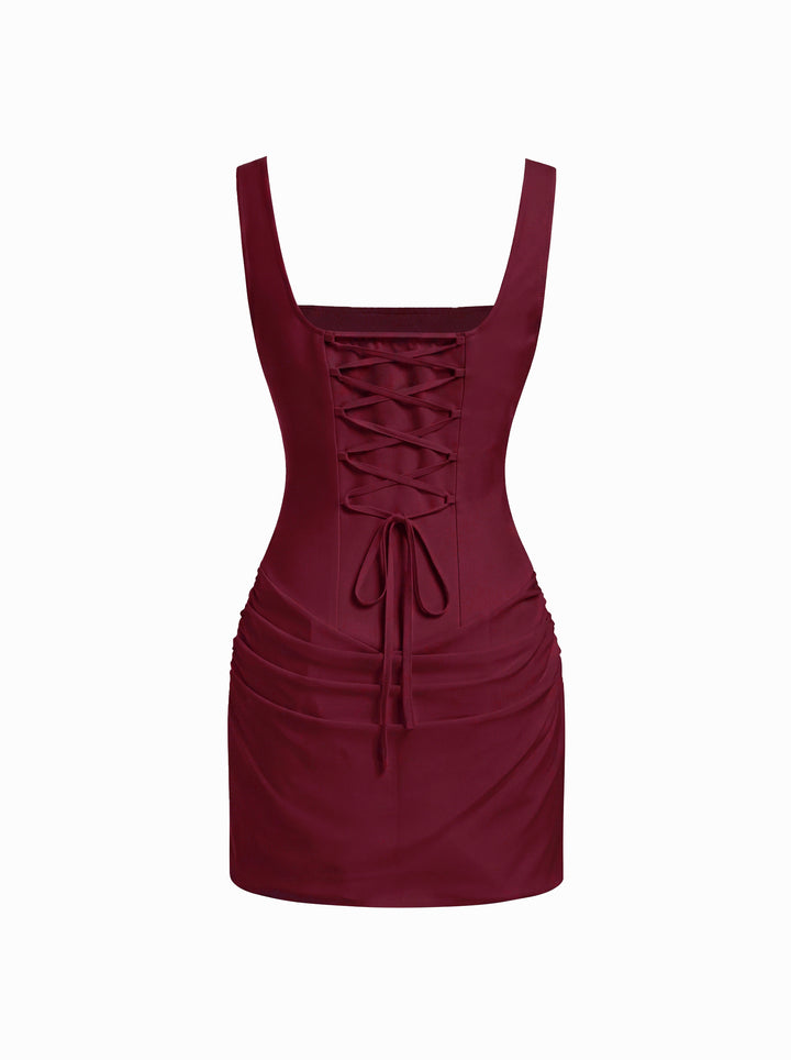 Kare Yaka Korse Dikişli Drapeli Bodycon Mini Elbise - Bordo detay 5