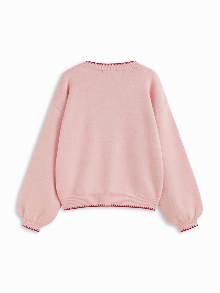 Geyik Desenli Balon Kollu Oversize Triko Kazak - Pembe detay 3