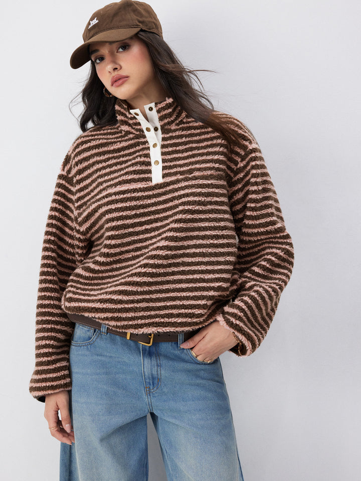 Sherpa Polar Dik Yakalı Çıtçıtlı Oversize Sweatshirt - Pudra Çizgili Kahve detay 4