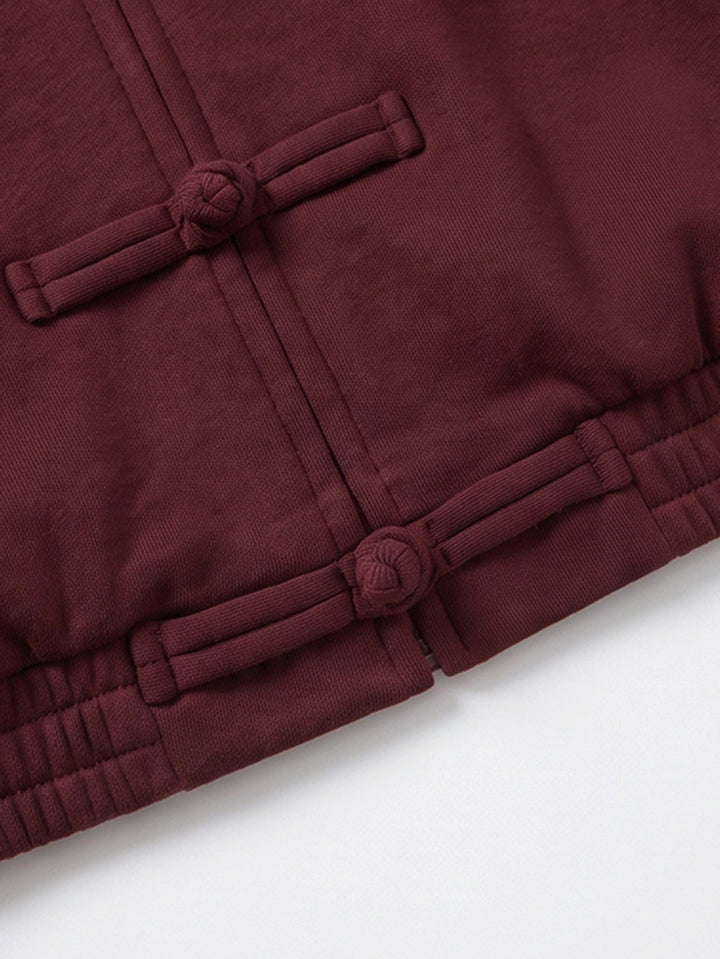 Boğum Düğmeli Dik Yaka Oversize Sweat Ceket - Bordo detay 5