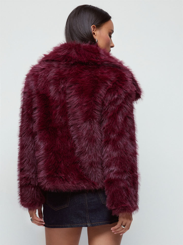 Geniş Devrik Yakalı Suni Kürk Oversize Ceket - Bordo detay 6