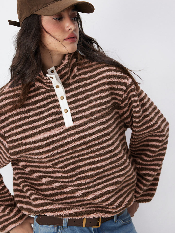 Sherpa Polar Dik Yakalı Çıtçıtlı Oversize Sweatshirt - Pudra Çizgili Kahve detay 5