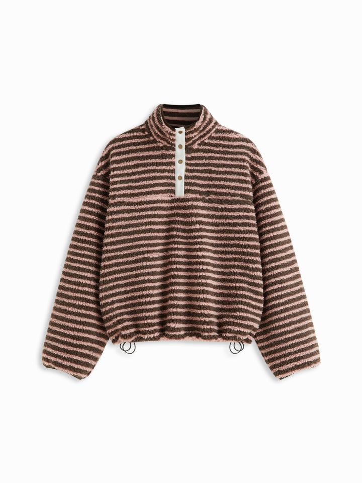 Sherpa Polar Dik Yakalı Çıtçıtlı Oversize Sweatshirt - Pudra Çizgili Kahve detay 6