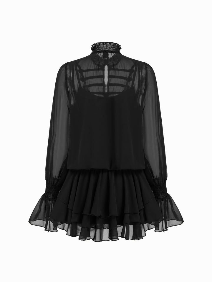 Şifon Dik Yaka Metal Düğmeli Katlı Mini Elbise - Siyah detay 6