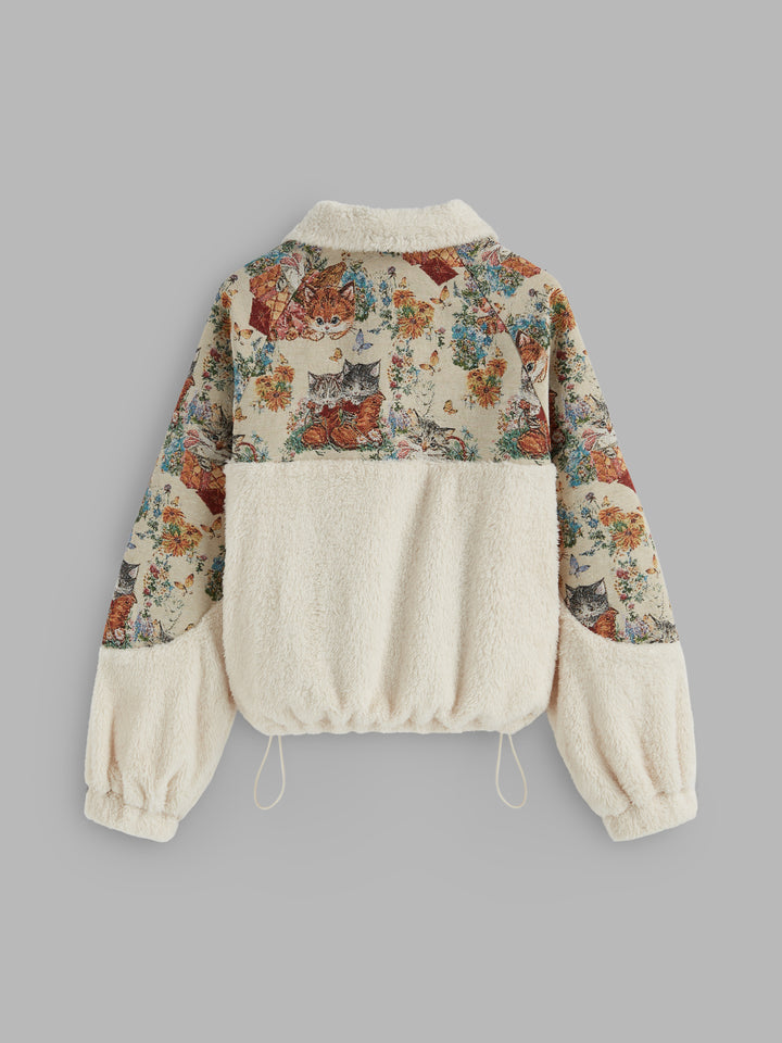 Goblen Kedi Desenli Yarım Fermuarlı Polar Sweatshirt - Bej detay 5