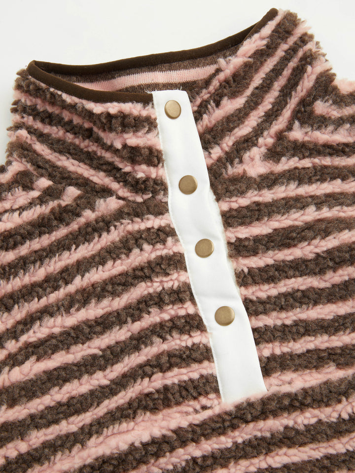 Sherpa Polar Dik Yakalı Çıtçıtlı Oversize Sweatshirt - Pudra Çizgili Kahve detay 7