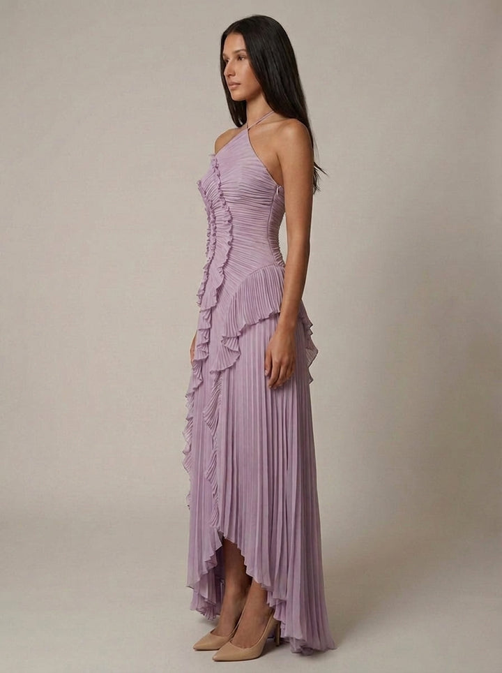 Halter Yaka Maxi Elbise Mor Pileli Detaylı Görsel 12 - SvelteChic