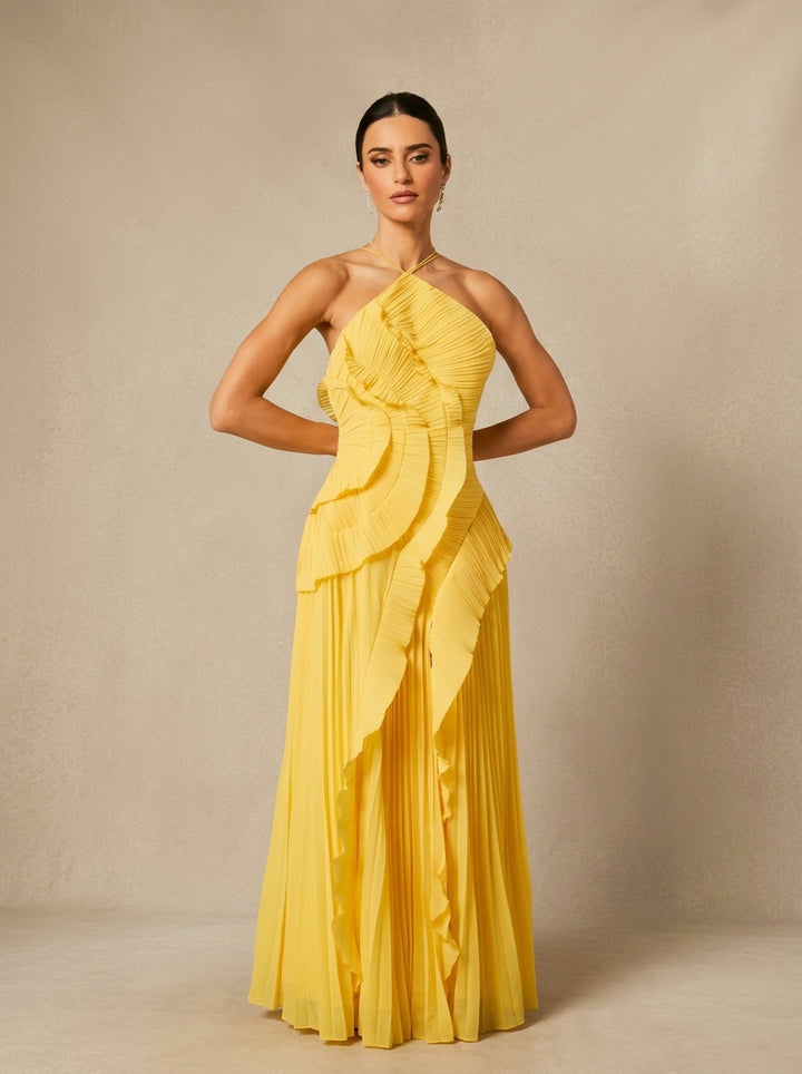 Halter Yaka Maxi Elbise Mor Pileli Detaylı Görsel 22 - SvelteChic